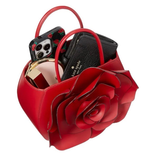 ♠️kate spade 3D Rose Flora Floral Leather Tote Crossbody Bag, Candied Cherry Red NWT
